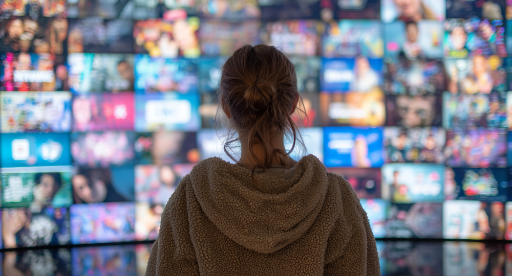 Flicka framför många skärmar där filmer streamas